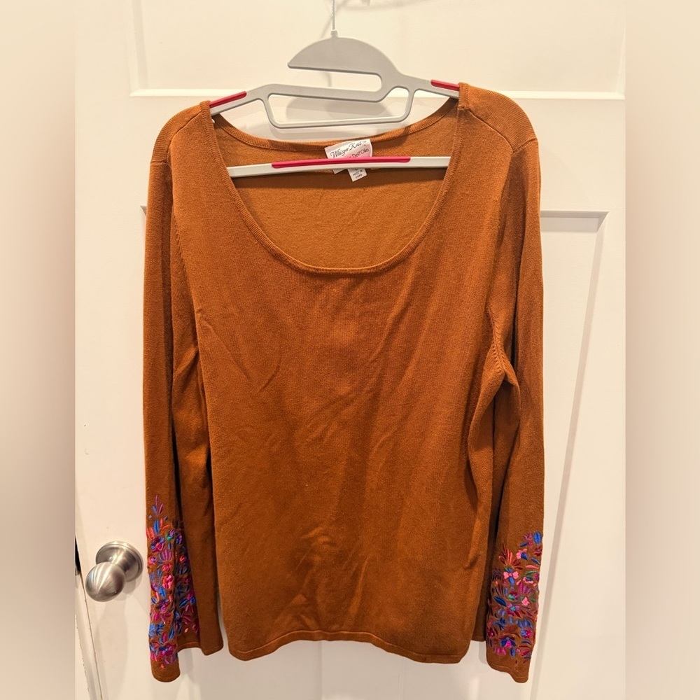 Whisper Knit by Louis Dell’Olio Brown Embroidered Sleeve Top Women’s L